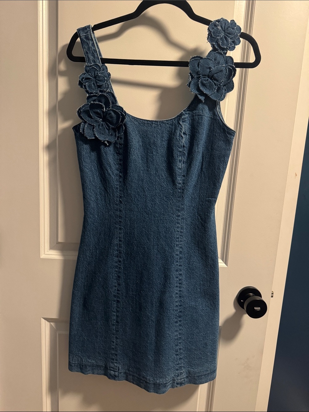 Avec Les Filles Denim Sundress with Floral Strap Accents